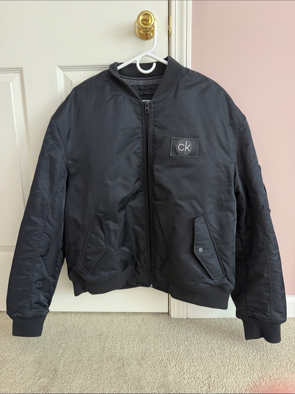 Calvin Klein Men's Black Quilted Bomber Jacket with CK Patch